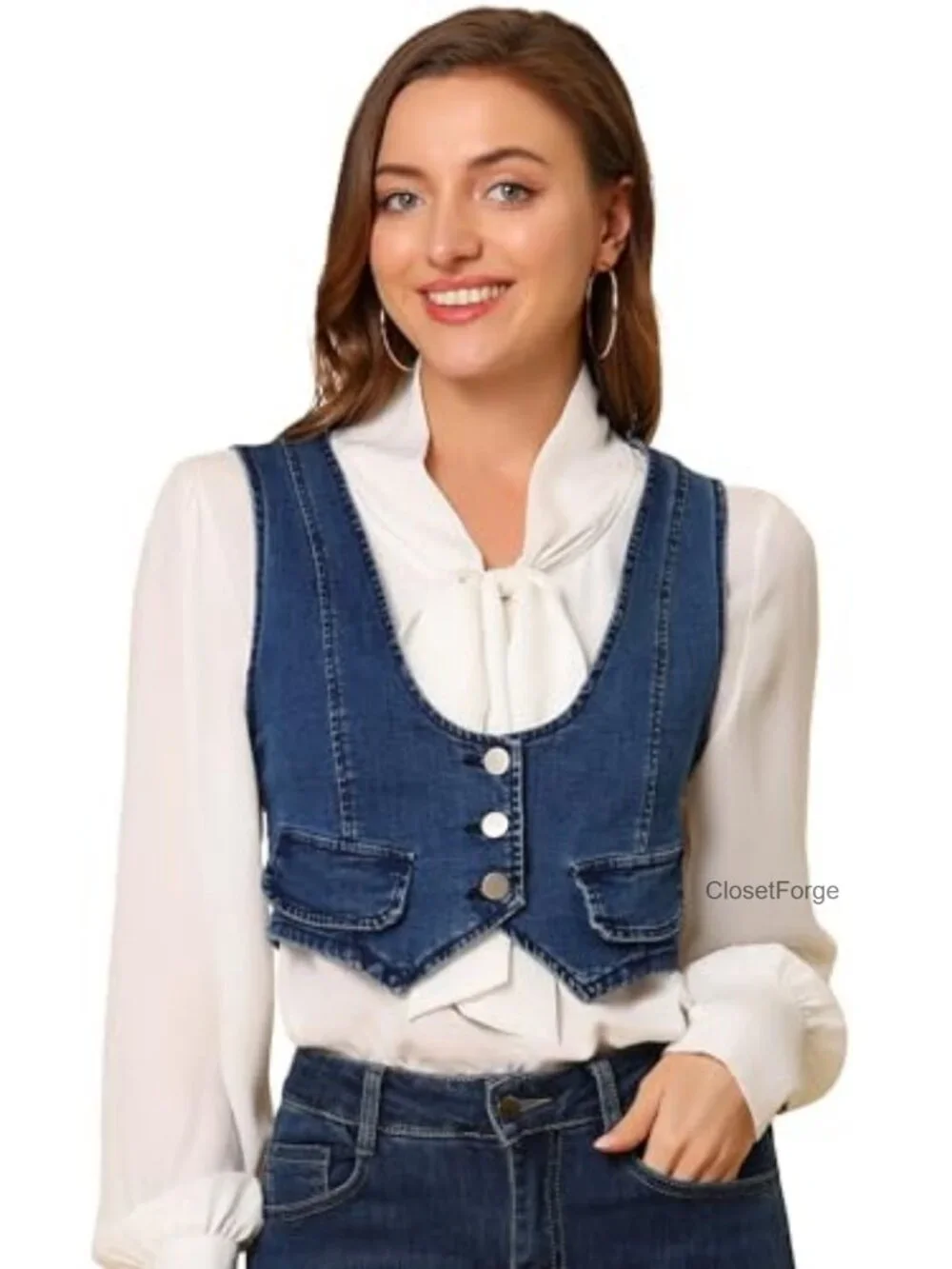 Women's Denim Vest Sleeveless Button Down Cropped Casual Jean Vest